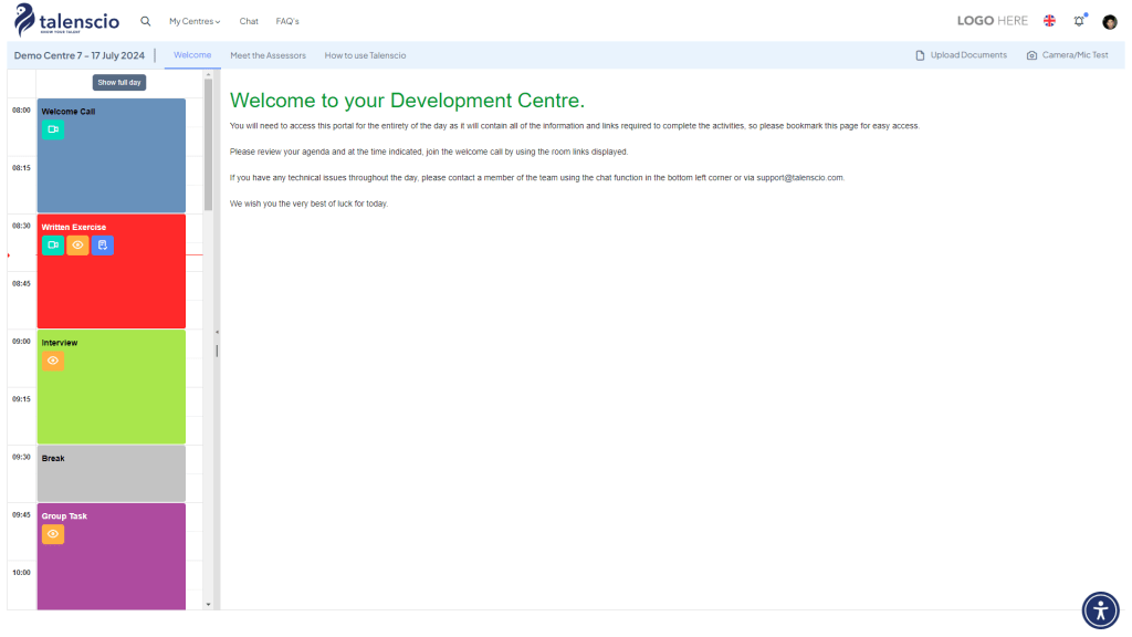 Screenshot of Talenscio Development Centre with option icons displayed