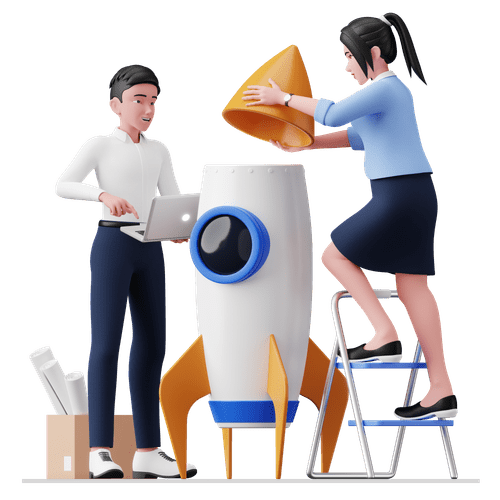 Business people working on rocket