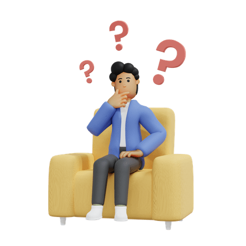 Man on sofa with question marks around