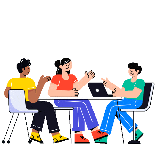 Cartoon image of group talking at table