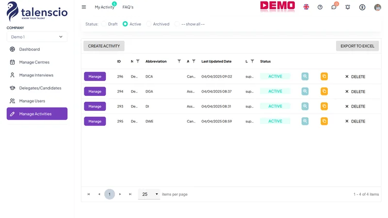 Manage Activities Screenshot