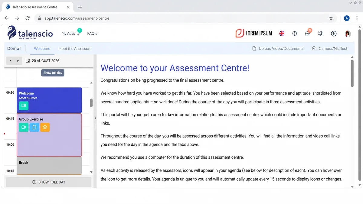 Talenscio Assessment Centre Welcome Screenshot
